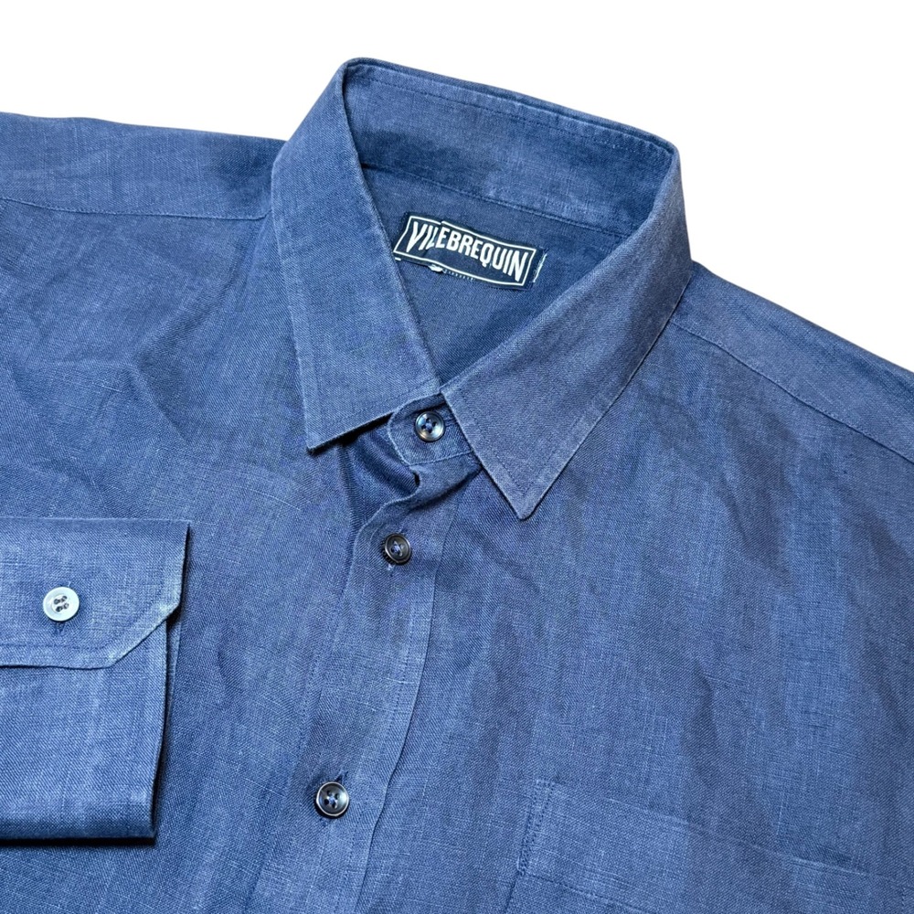 Vilebrequin Mens XL Navy Blue 100% Linen Long Sleeve Button Down Shirt Pocket